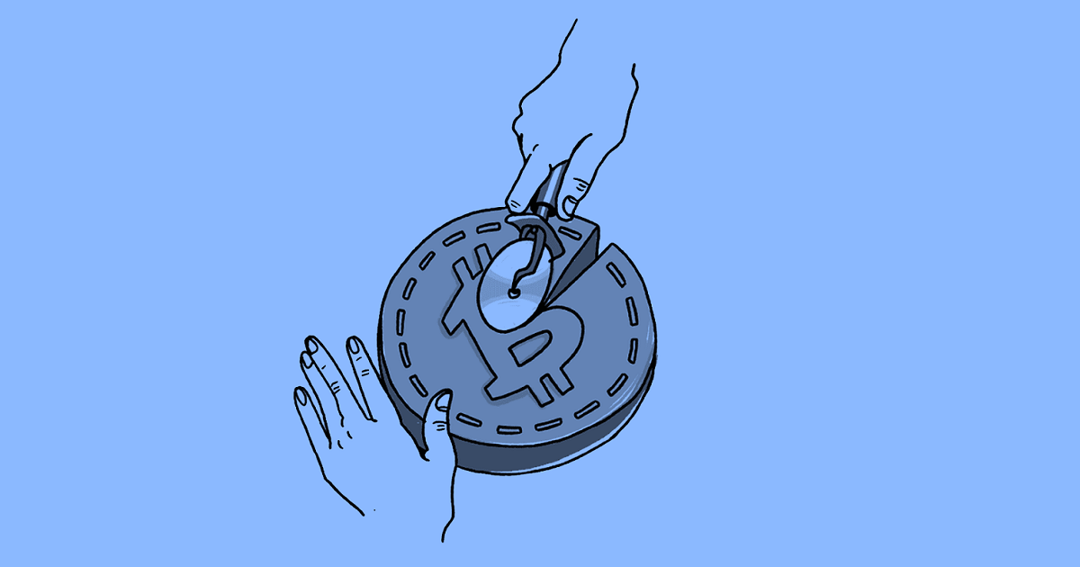 Illustration of a Bitcoin coin being handed from one person to another, representing a peer-to-peer Bitcoin transaction.